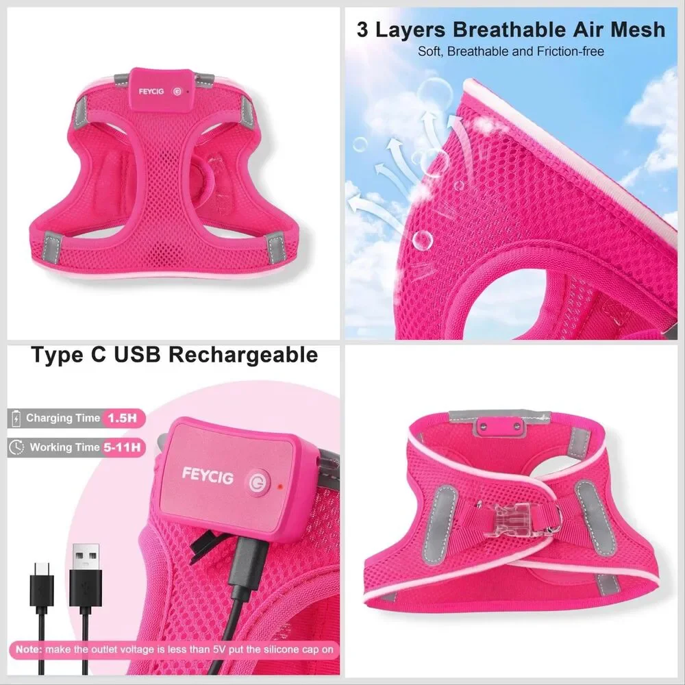 🆕 Feycig LED Light Up Rechargeable Dog Harness in Hot Pink